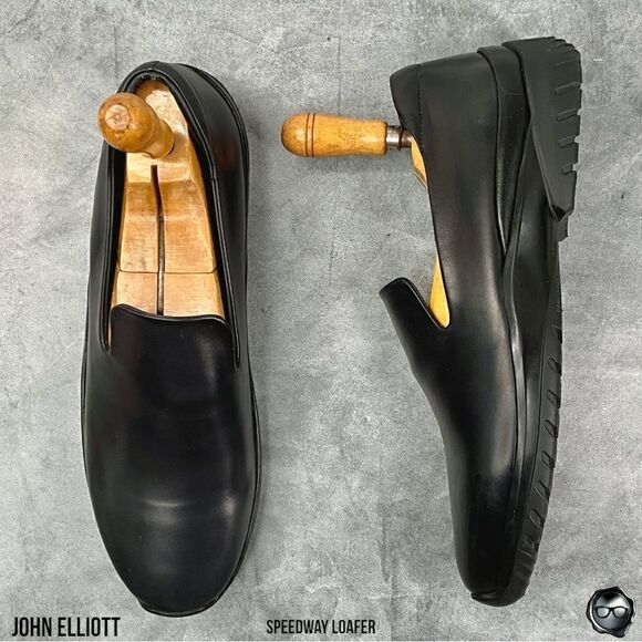 JOHN ELLIOTT SPEEDWAY LEATHER LOAFERS IN BLACK BUFFED CALFSKIN MEN’S LUXURY SHOE - Picture 1 of 16